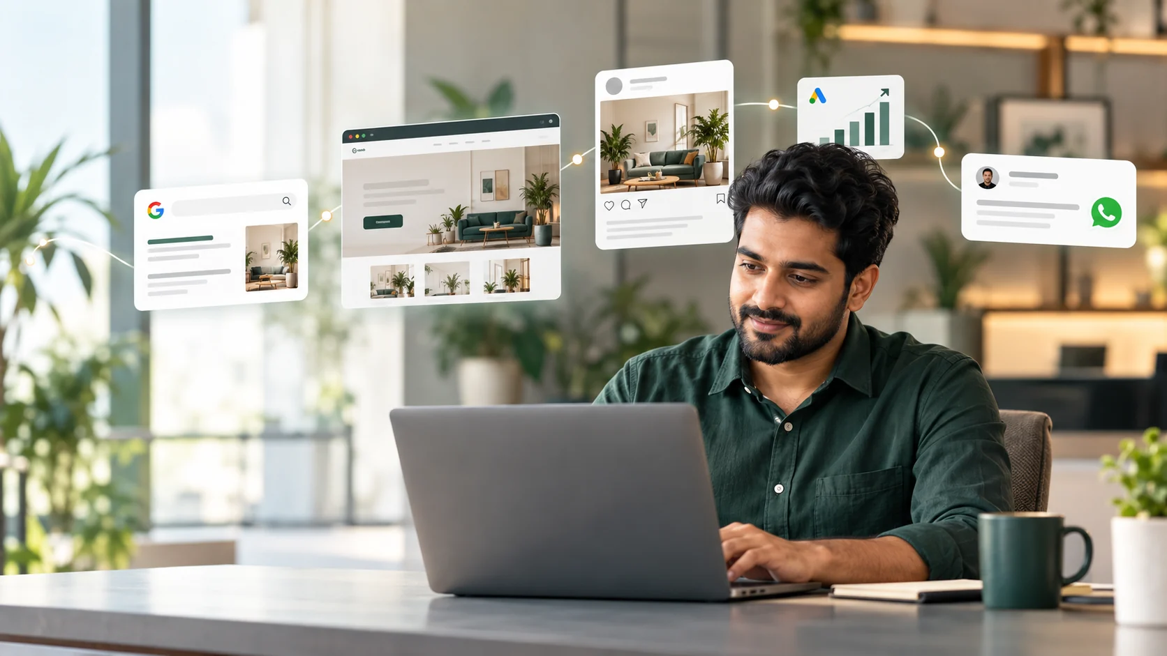 Indian business owner reviewing a connected journey from search and website to social, advertising and customer enquiry