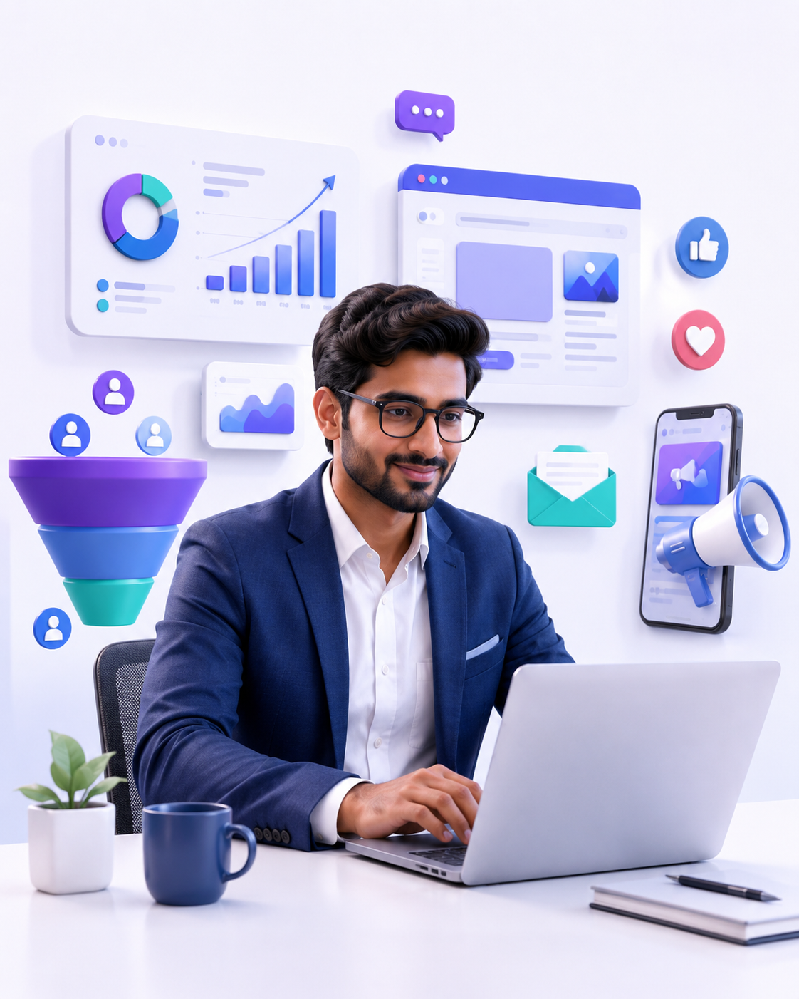 Digi Web Works digital marketing specialist with website analytics, lead generation, and social media growth visuals