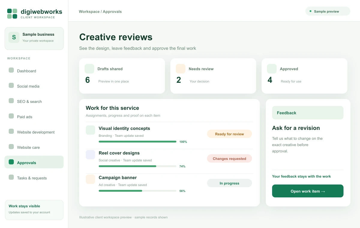 Illustrative client panel preview: Make creative review simple.