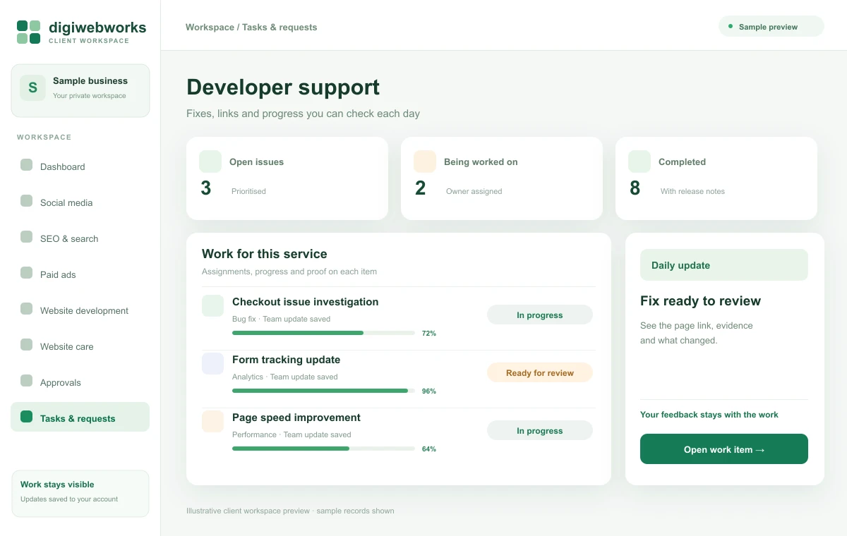 Illustrative client panel preview: See every fix move forward.