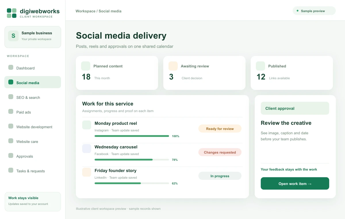 Illustrative client panel preview: Approve content before it goes live.