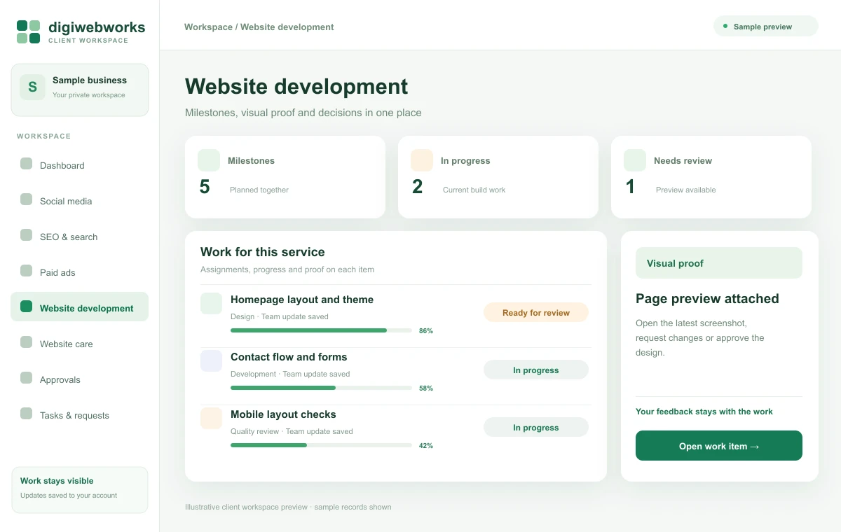 Illustrative client panel preview: Follow the build, not just the launch date.